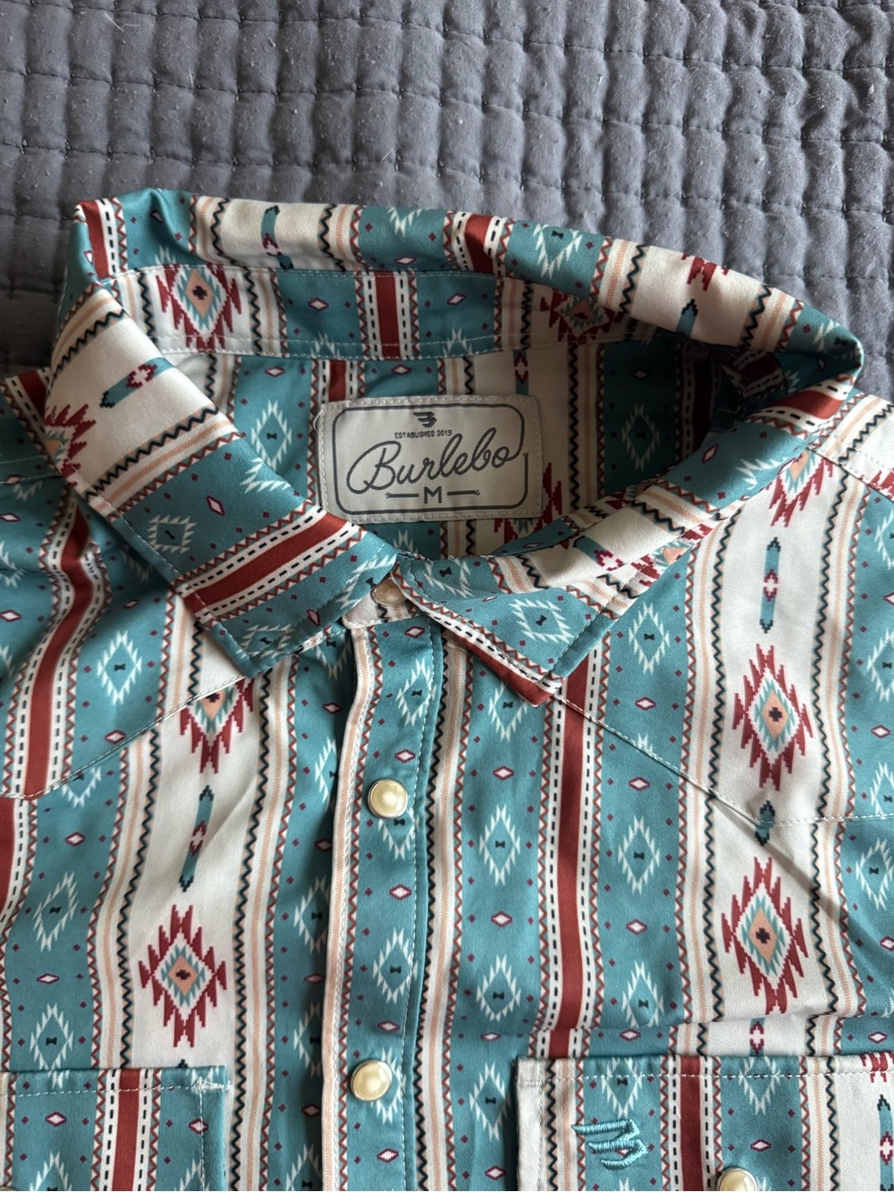 BURLEBO Teal Aztec-Print Casual Button Down Shirt with Cream & Brown Accents